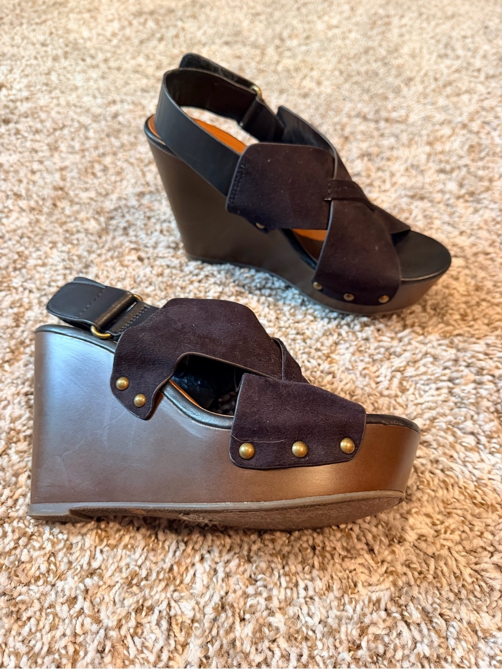 Dark brown and Black Suede Crossband Wedge Sandals with Bronze Studs - Picture 2 of 5